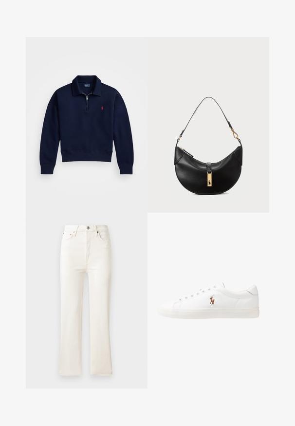 Navy quarter-zip pullover made of soft cotton, featuring a ribbed collar, cuffs, and hem, with a small red logo on the chest.; High-waisted white denim flared jeans with a zip fly, five pockets, and subtle stitching details. Fabric has a smooth texture.; White leather sneakers, low-top design, featuring a smooth texture, round toe, laced front, and a small embroidered logo on the side.; Black leather handbag in a half-moon shape. Features a gold hardware accent and a narrow strap. Smooth texture, zipper closure at the top.