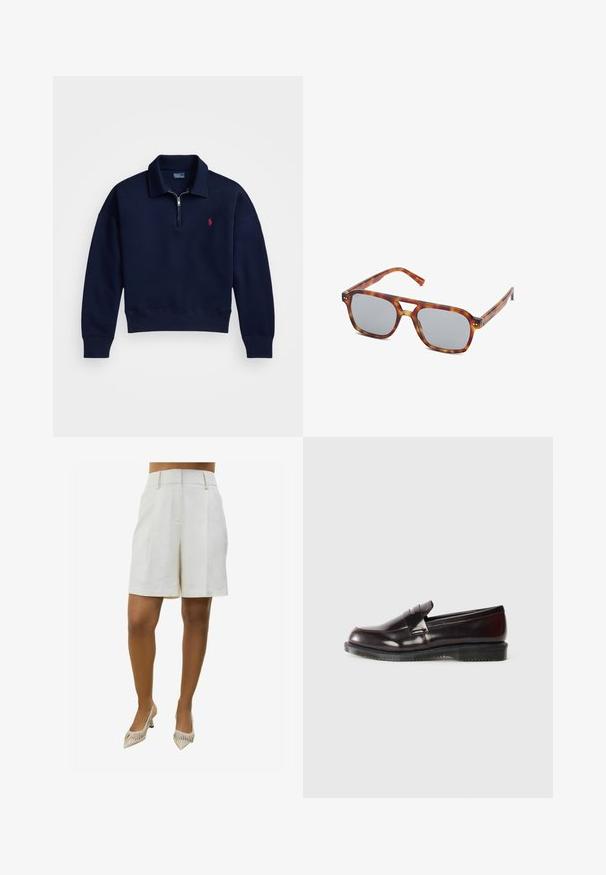 Marineblå quarter-zip pullover lavet af blødt bomuld, med en ribbet krave, manchetter og kant, samt et lille rødt logo på brystet.; Beige linnedrags med en skræddersyet design, der har to frontfolder og sidelommer. Matchet med spidse, stribede højhælede sko.; Bordeaux læder loafers med en glat overflade, en hævet sømdetalje og en gummisål. Designet med en rund tå og minimal hardware.; Plastik solbriller med skildpadde mønster, rektangulære grå linser og slanke arme. Har et minimalistisk design med en broudskæring.; Brun læder tote taske med rund form, glat tekstur og dobbelte skulderremme. Har et guldfarvet hardwareaccent i midten.; Guldtonet metalmanschette med et bølget design, der har glatte overflader og en skinnende, reflekterende tekstur. Ingen synlige mønstre eller accenter.