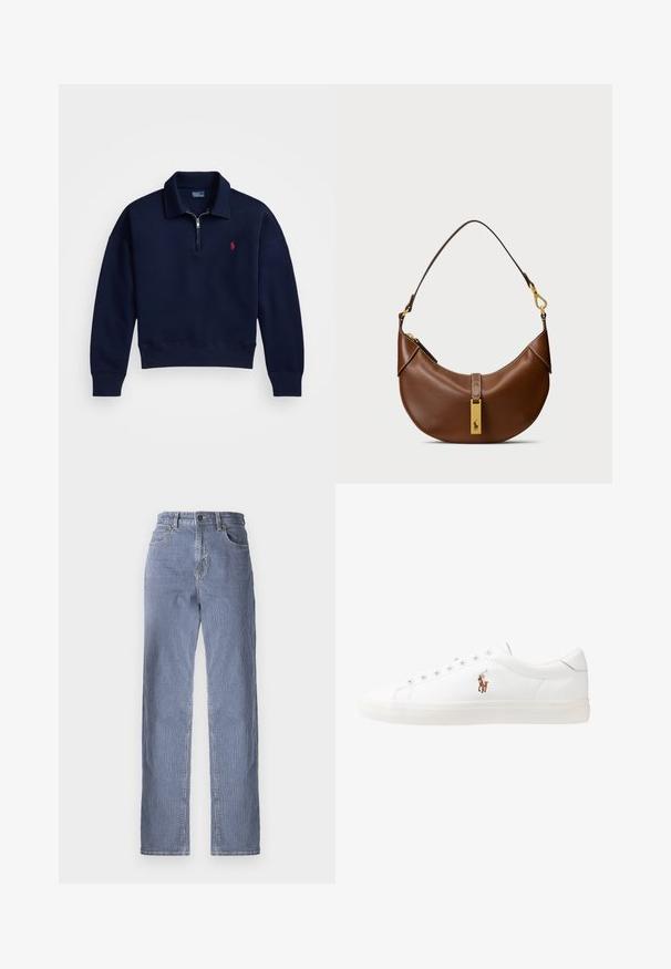 Jūras spēku ceturtdaļas rāvējslēdzēja pulovers, kas izgatavots no mīksta kokvilnas, ar ribotu apkakli, aprocēm un apakšmalu, uz krūtīm ar mazu sarkanu logotipu.; Svītroti džinsi ar taisnu kāju dizainu, ar pogu un rāvējslēdzēju aizdari, piecām kabatām un nelielu krāsas izbalējumu.; Baltas ādas sporta apavi, zema dizaina, ar gludu tekstūru, noapaļotu purngalu, ar auklēm priekšpusē un nelielu izšūtu logotipu sānos.; Bēšs ādas plecu soma ar izliektu formu, zelta aparatūru, augšējo aizdari un logotipa akcentu. Gluda faktūra ar šušu malām.