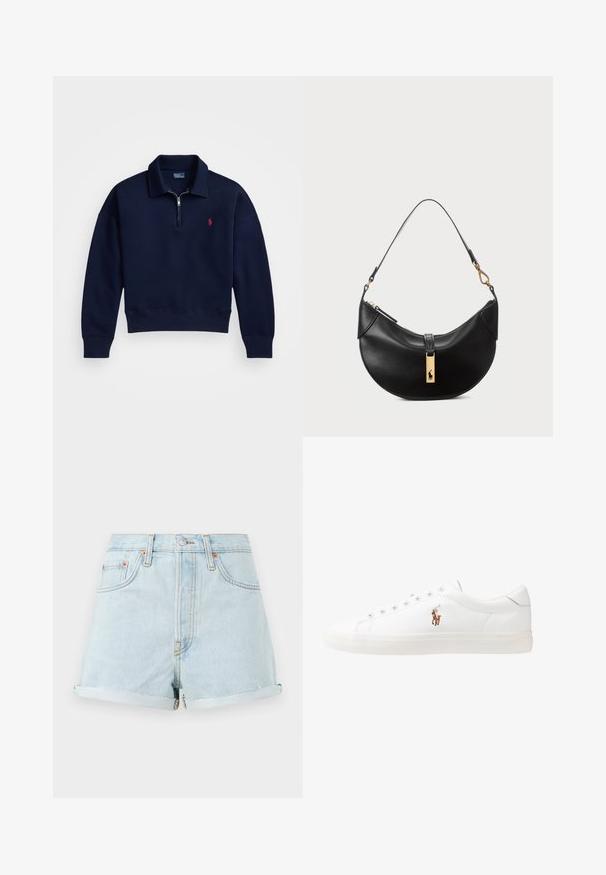 Pull-over bleu marine à fermeture éclair quart, fabriqué en coton doux, avec un col, des poignets et un ourlet côtelés, doté d'un petit logo rouge sur la poitrine.; Shorts en denim bleu clair à taille haute, avec des ourlets retroussés, des rivets en cuivre et une fermeture éclair à l'avant. Présente un style classique à cinq poches.; Baskets en cuir blanc, design bas, avec une texture lisse, bout rond, lacets à l'avant et un petit logo brodé sur le côté.; Sac à main en cuir noir en forme de demi-lune. Doté d'un accent en métal doré et d'une sangle étroite. Texture lisse, fermeture éclair sur le dessus.
