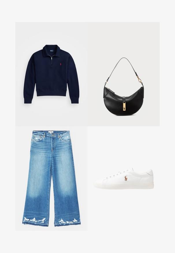 Jūras spēku ceturtdaļas rāvējslēdzēja pulovers, kas izgatavots no mīksta kokvilnas, ar ribotu apkakli, aprocēm un apakšmalu, uz krūtīm ar mazu sarkanu logotipu.; RE/DONE PALAZZO - Džinsi ar platām starām - minerva; Baltas ādas sporta apavi, zema dizaina, ar gludu tekstūru, noapaļotu purngalu, ar auklēm priekšpusē un nelielu izšūtu logotipu sānos.; Melnas ādas rokas soma pusmēness formas. Iezīmē zelta metāla akcentus un šauru siksniņu. Gluda tekstūra, rāvējslēdzēja aizdare augšpusē.