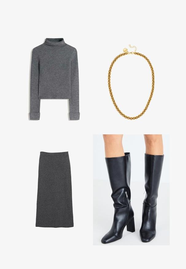 Pull en maille côtelée gris avec col roulé, à manches longues, présentant un design court et des poignets repliés. Fabriqué en matériau en tricot doux.; Jupe maxi en laine gris avec une coupe droite et une taille élastique, offrant une texture douce et une finition lisse. Pas de motifs ni d'accents visibles.; Steve Madden SPEEDWAY - Bottes - black; Collier en or composé de maillons ovales entrelacés, d'une surface texturée et d'un fermoir avec un petit accent rond et une chaîne d'extension.