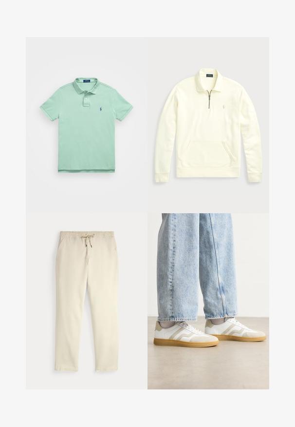 Πόλο φούτερ σε κρεμ απόχρωση με κλείσιμο κατά μήκος του λαιμού, ribbed μανσέτες και τσέπη καγκουρό. Διαθέτει κεντημένο λογότυπο στο στήθος. Μαλακό μείγμα βαμβακιού.; Polo Ralph Lauren SLIM FIT MESH POLO SHIRT - Πόλο - faded mint; Εκρού ελαστικά παντελόνια με κορδόνι στη μέση, ίσια πόδια και πλάγιες τσέπες σε απλό φόντο.; Λευκά sneakers με μπεζ σουέτ λεπτομέρειες και ελαφριά λάστιχα; διαθέτουν χαμηλό σχεδιασμό και υφή στην επάνω επιφάνεια.