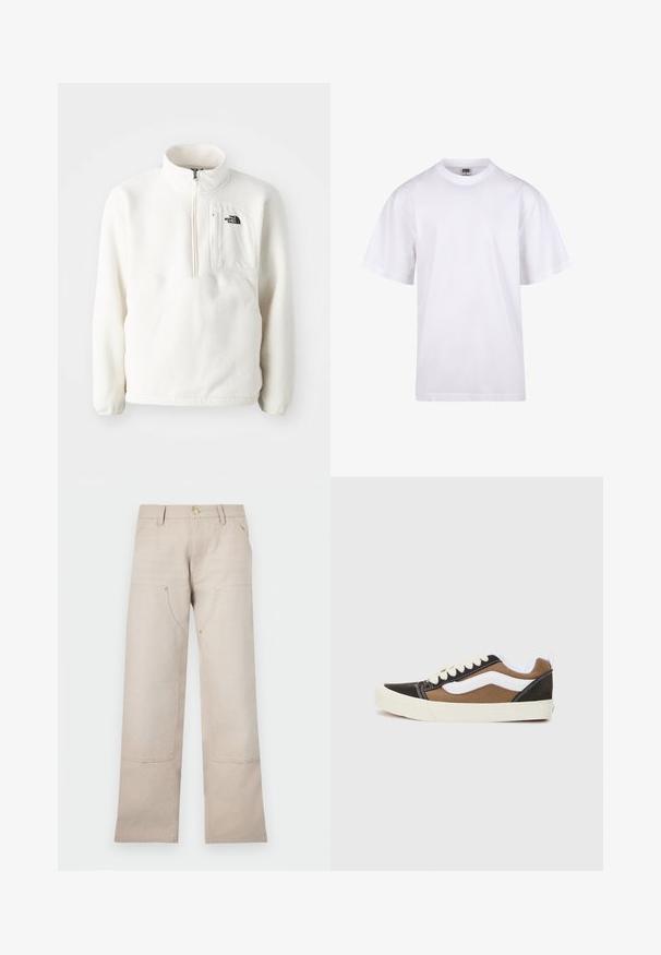 Biały polarowy pulower z zamkiem na szyi, posiada przednią kieszeń oraz logo na piersi. Miękka faktura i luźny krój.; Biała bawełniana koszulka z okrągłym dekoltem, krótkimi rękawami i luźnym krojem. Posiada prosty design bez wzorów czy akcentów.; Beżowe bawełniane spodnie o prostym kroju, z dwoma przednimi kieszeniami i dwoma zamkami. Złote akcenty metalowe.; Czarne i brązowe sneakersy z białymi akcentami, materiał płócienny, niski krój, okrągły nosek i beżowa gumowa podeszwa. Zawierają kontrastowe przeszycia.