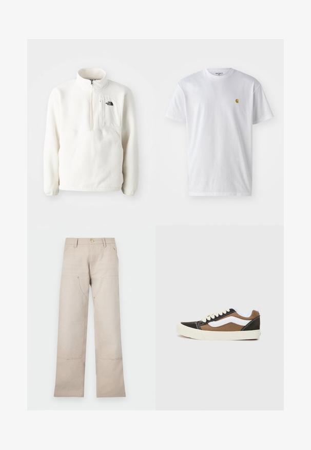 Witte fleece pullover met een ritskraag, voorzien van een voorzak en een logo op de borst. Zachte textuur met een losse pasvorm.; Witte katoenen t-shirt met korte mouwen en ronde hals, voorzien van een klein gouden logo op de linkerkant van de borst. Zachte textuur en een normale pasvorm.; Beige katoenen broek met een recht gesneden ontwerp, voorzien van twee voorkezen en twee ritssluitingen. Goudkleurige accenten benadrukken het geheel.; Zwarte en bruine sneakers met witte accenten, gemaakt van canvas, laag model, ronde neus en een beige rubberen zool. Kenmerkt zich door contrasterende stiksels.