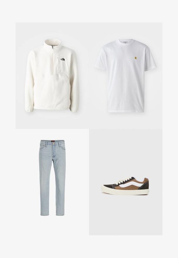 Biely fleecový pulóver so zipsom na krku, predný vrecko a logo na hrudi. Mäkká textura s voľným strihom.; Biele bavlnené tričko s krátkymi rukávmi, okrúhlym výstrihom, s malým zlatým logom na ľavej strane hrude. Mäkká textúra a normálny strih.; Svetlomodré džínsy s rovný strihom, dizajnom so piatimi vreckami, zapínaním na gombík a mierne vyblednutou textúrou.; Čierne a hnedé tenisky s bielymi akcentmi, z plátna, nízkoprofilový dizajn, okrúhla špička a béžová gumená podrážka. Obsahujú kontrastné šitie.