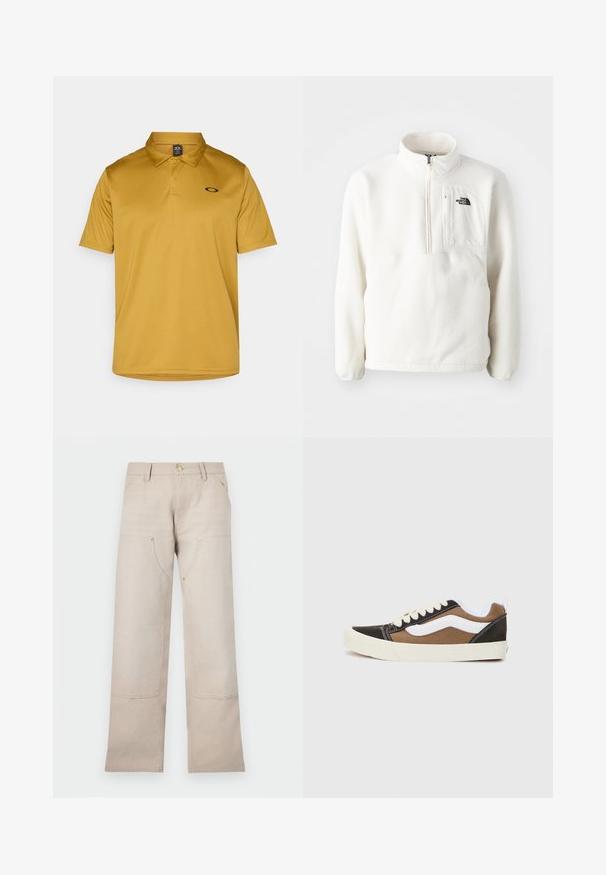 Biely fleecový pulóver so zipsom na krku, predný vrecko a logo na hrudi. Mäkká textura s voľným strihom.; Polo tričko s krátkym rukávom v horčicovej farbe, vyrobené z hladkej tkaniny, s klasickým golierom a malým čiernym logom na hrudi.; Béžové bavlnené nohavice so strihom rovný nohavíc, s dvoma prednými vreckami a dvoma zipsovými detailmi. Zlato-tonové kovanie.; Čierne a hnedé tenisky s bielymi akcentmi, z plátna, nízkoprofilový dizajn, okrúhla špička a béžová gumená podrážka. Obsahujú kontrastné šitie.