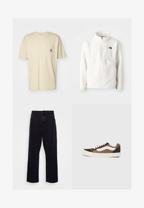 Bela flis pulover z zadrgo na vratu, ima sprednji žep in logo na prsih. Mehka tekstura z udobnim prileganjem.; Carhartt WIP POCKET - Navadna majica - cornsilk; Črne denim hlače s ravnim krojem, z gumbom in zadrgo, pasom za obleko ter minimalnimi šivi.; Črne in rjave teniske z belimi poudarki, platneni material, nizka zasnova, okrogla prstna konica in bež gumijast podplat. Imajo kontrastne šive.