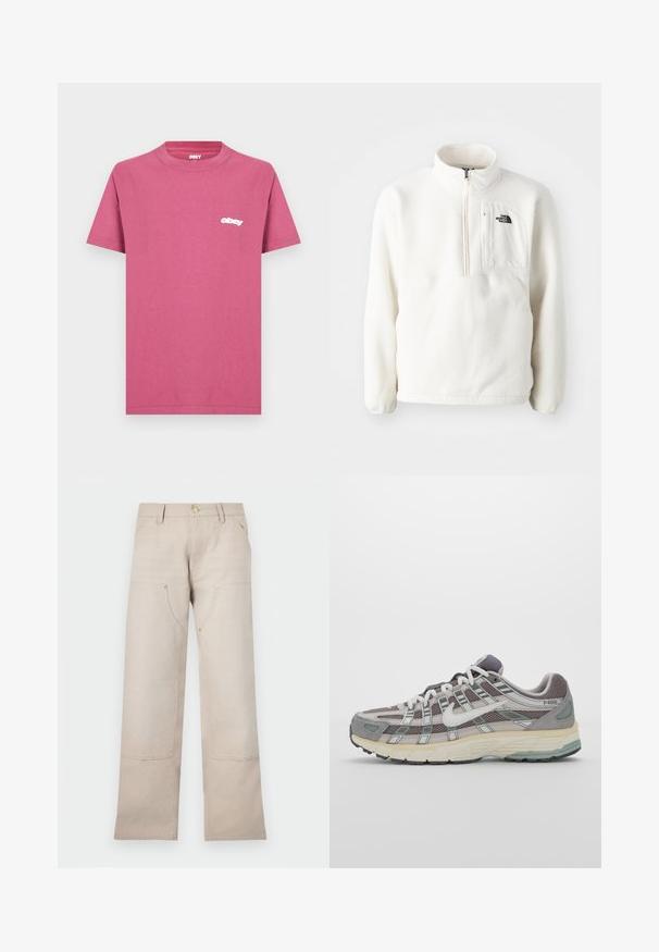 Bílý fleecový pulovr se zipem u krku, má přední kapsu a logo na prsou. Měkká textura s uvolněným střihem.; Růžové bavlněné tričko s klasickým kulatým výstřihem. Na levé části hrudi je malé bílé logo "obey". Krátké rukávy a rovný lem.; Beige bavlněné kalhoty se střihovanými nohavicemi, které mají dvě přední kapsy a dva zipové detaily. Zlaté kovové prvky. ; Šedá sportovní obuv s vrchní částí z mikrovlákna a semiše, bílými akcenty, polstrovanou podrážkou a jedinečným designem s reflexními prvky.