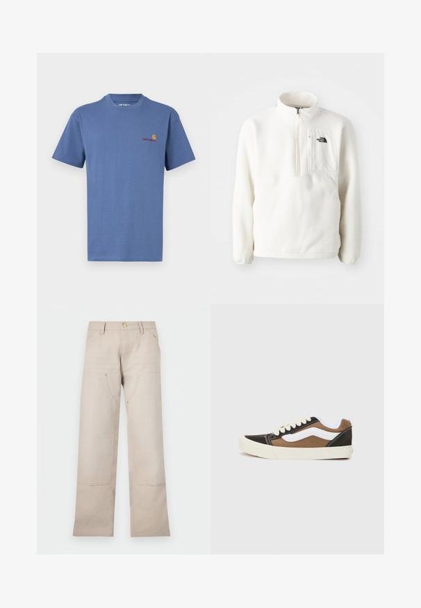 Pull en polaire blanche avec un col zippé, doté d'une poche avant et d'un logo sur la poitrine. Texture douce avec une coupe décontractée.; T-shirt en coton bleu avec un col rond. Présente un petit logo Carhartt rouge et jaune sur la poitrine gauche. Manches courtes, ourlet droit.; Pantalons en coton beige au design droit, avec deux poches avant et deux accents zippés. Quincaillerie en ton doré.; Baskets noires et marron avec des accents blancs, en toile, design basse, bout rond et semelle en caoutchouc beige. Présente des coutures contrastantes.