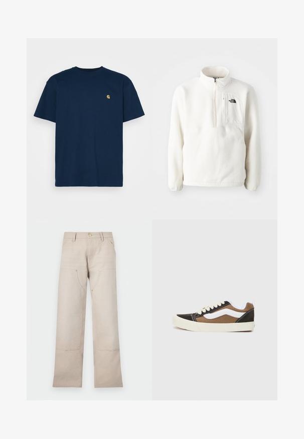 Witte fleece pullover met een ritskraag, voorzien van een voorzak en een logo op de borst. Zachte textuur met een losse pasvorm.; Carhartt WIP CHASE - T-shirt basic - mizar/gold; Beige katoenen broek met een recht gesneden ontwerp, voorzien van twee voorkezen en twee ritssluitingen. Goudkleurige accenten benadrukken het geheel.; Zwarte en bruine sneakers met witte accenten, gemaakt van canvas, laag model, ronde neus en een beige rubberen zool. Kenmerkt zich door contrasterende stiksels.