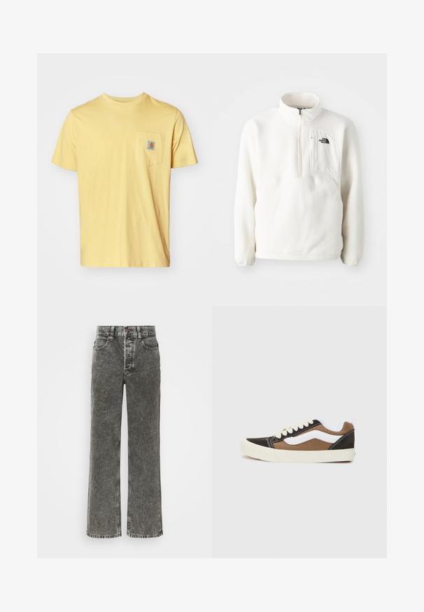 Biely fleecový pulóver so zipsom na krku, predný vrecko a logo na hrudi. Mäkká textura s voľným strihom.; Žlté bavlnené tričko s krátkym rukávom, okrúhlym výstrihom a náprsnej vreckom na ľavej strane, ktoré obsahuje malú značkovú nášivku. Jednoduchý design.; Džínsy so širokým strihom v bledom čiernom denime, s gombíkovým zapínaním, dizajnom piatich vreciek a kontrastným prešívaním pozdĺž švov.; Čierne a hnedé tenisky s bielymi akcentmi, z plátna, nízkoprofilový dizajn, okrúhla špička a béžová gumená podrážka. Obsahujú kontrastné šitie.