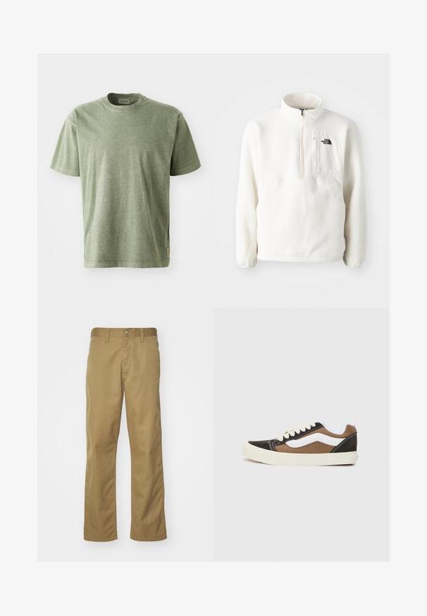 Pulover alb din fleece cu guler cu fermoar, include o buzunar frontal și un logo pe piept. Textură moale și croială lejeră.; Tricou din bumbac de culoare verde măsliniu, cu mâneci scurte, decolteu rotund și o textură subtilă. Prezintă un mic etichetă cu logo pe lateral.; Chino khaki cu un design cu picior drept, realizat dintr-un material de bumbac neted. Dispune de un închidere cu buton frontal și buzunare laterale.; Tenisi negri și maro cu accente albe, material din pânză, design de tip low-top, vârf rotund și talpă din cauciuc bej. Prezintă cusături contrastante.