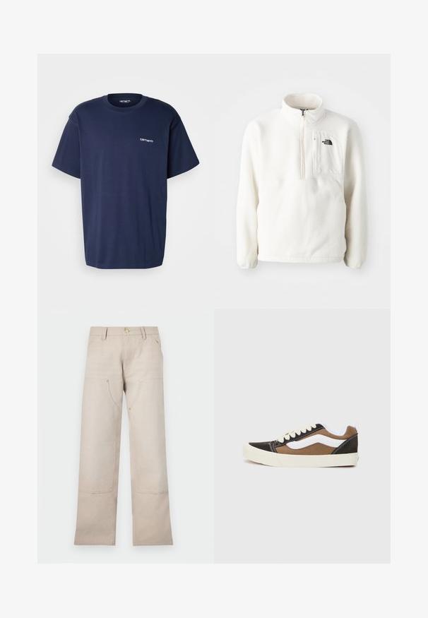 Baltas pūkinis megztinis su užtrauktuku, su priekinėme kišenėje ir logotipu ant krūtinės. Minkšta tekstūra ir laisvas siluetas.; Carhartt WIP SCRIPT EMBROIDERY - Paprasti marškinėliai - air force blue/white; Bežiniai medvilniniai džinsai tiesaus kirpimo, su dviem priekinėmis kišenėmis ir dviem užtrauktukų akcentais. Pabrėžti auksinės spalvos detalės.; Juodi ir rudi sportbačiai su baltais akcentais, pagaminti iš kanapių medžiagos, žemo profilio dizainas, apvalus pirštas ir smėlio spalvos guminis padas. Savybė - kontrastinga siuvimas.