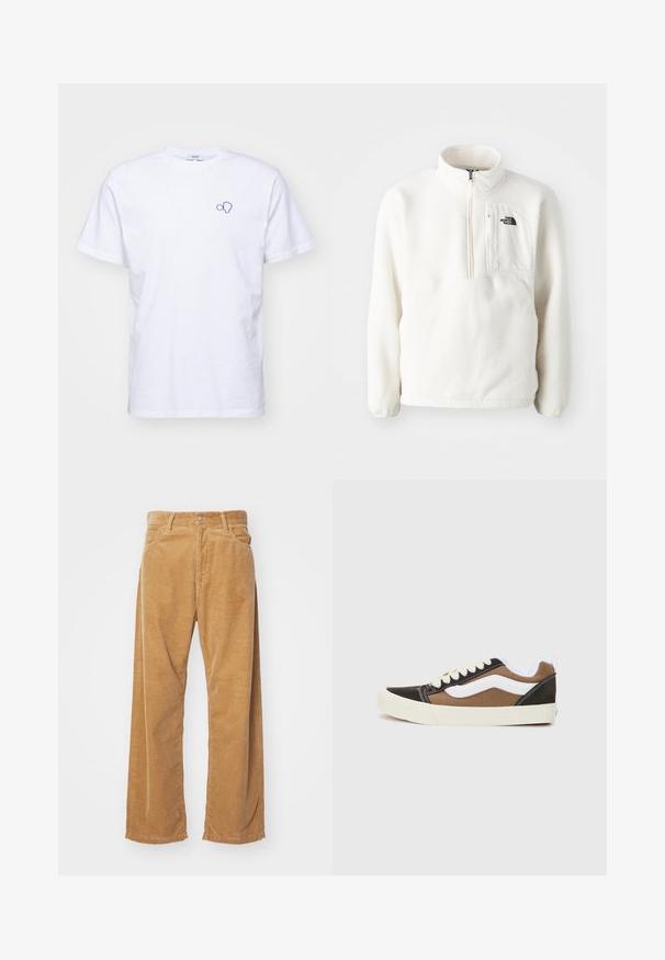 Hvit fleece genser med glidelås i halsen, har en frontlomme og en logo på brystet. Myk tekstur med en avslappet passform.; Hvit bomull t-skjorte med en blå brodert design på venstre bryst. Korte ermer og rund hals med standard passform.; Bredde benbukser i kordfløjl i en tanfarve. Har strukturerede, lodrette ribber, med en standard talje og to forlommer.; Svarte og brune joggesko med hvite detaljer, lerretmateriale, lavt design, rund tå og beige gummisåle. Har kontrasterende sømmer.