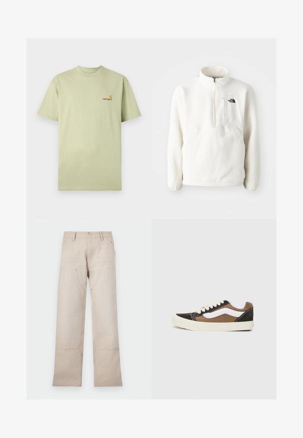Witte fleece pullover met een ritskraag, voorzien van een voorzak en een logo op de borst. Zachte textuur met een losse pasvorm.; Lichtgroene katoenen t-shirt met korte mouwen en een ronde hals. Voorzien van een klein oranje en rood logo op de bovenste linkerkant van de borst.; Beige katoenen broek met een recht gesneden ontwerp, voorzien van twee voorkezen en twee ritssluitingen. Goudkleurige accenten benadrukken het geheel.; Zwarte en bruine sneakers met witte accenten, gemaakt van canvas, laag model, ronde neus en een beige rubberen zool. Kenmerkt zich door contrasterende stiksels.