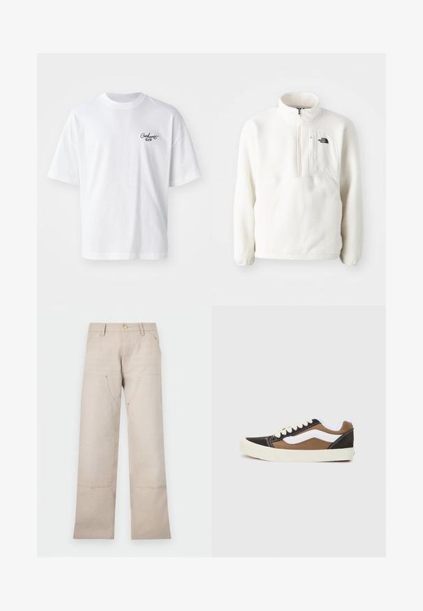 Pullover bianco in pile con collo a zip, dotato di una tasca frontale e di un logo sul petto. Morbido al tatto e con una vestibilità comoda.; T-shirt bianca in cotone con collo rotondo e maniche corte. Presenta un logo in scrittura nera sul petto sinistro. Vestibilità rilassata con cuciture laterali.; Pantaloni in cotone beige con design a gamba dritta, dotati di due tasche frontali e due dettagli con cerniera. Hardware in tonalità oro in evidenza.; Sneaker nere e marroni con accenti bianchi, materiale in tela, design low-top, punta rotonda e suola in gomma beige. Presentano cuciture a contrasto.