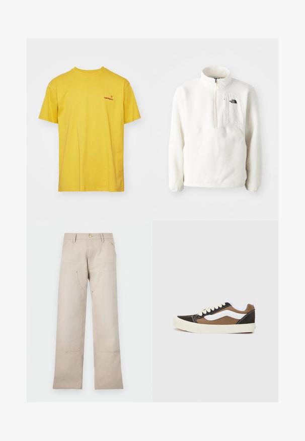 Pull en polaire blanche avec un col zippé, doté d'une poche avant et d'un logo sur la poitrine. Texture douce avec une coupe décontractée.; T-shirt en coton jaune à manches courtes, col rond, avec un petit logo rouge sur la poitrine gauche. Texture lisse, design décontracté.; Pantalons en coton beige au design droit, avec deux poches avant et deux accents zippés. Quincaillerie en ton doré.; Baskets noires et marron avec des accents blancs, en toile, design basse, bout rond et semelle en caoutchouc beige. Présente des coutures contrastantes.
