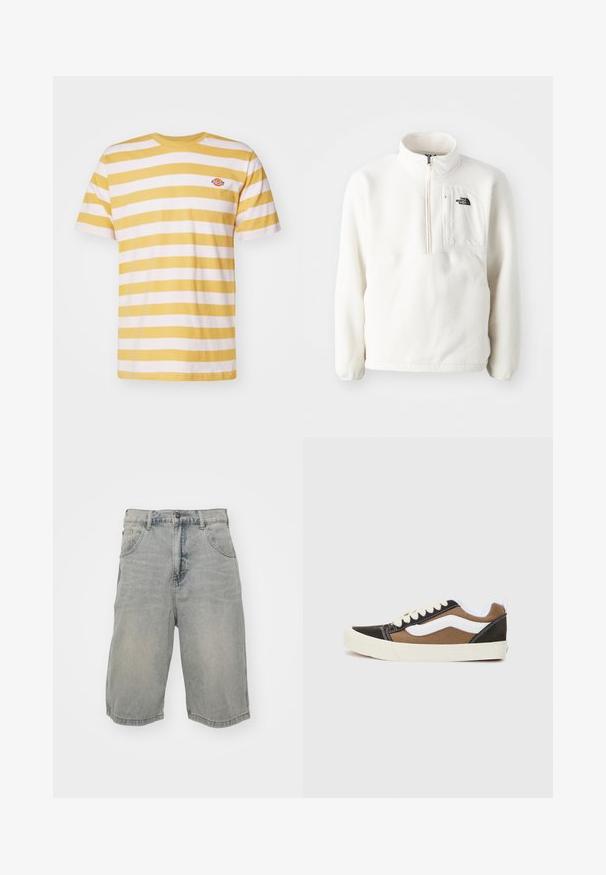 White fleece pullover with a zip neck, features a front pocket, and a logo on the chest. Soft texture with a relaxed fit.; Yellow and white striped t-shirt with short sleeves and a crew neck, featuring a small branded patch on the chest.; Light blue denim shorts with a relaxed fit, featuring five pockets, belt loops, and a faded texture. The hem is rolled and stitched.; Black and brown sneakers with white accents, canvas material, low-top design, round toe, and beige rubber sole. Features contrasting stitching.