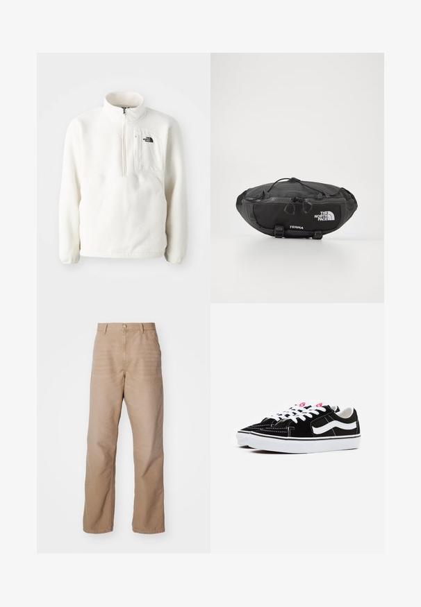 Biely fleecový pulóver so zipsom na krku, predný vrecko a logo na hrudi. Mäkká textura s voľným strihom.; Bežové bavlnené nohavice so strihom rovného dlažníka, s dvaťovým zipsom, piatimi vreckami a jemnou textúrou.; Čierne semišové tenisky s bielymi šnúrkami, ktoré majú výrazný biely bočný pruh a čiernu gumovú podrážku, pričom predvádzajú detaily kontrastného prešívania.; The North Face TERRA LUMBAR 3L UNISEX - Ľadvinka - asphalt grey/black