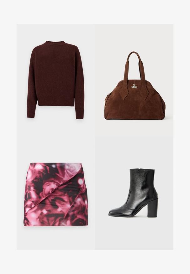 Burgundijas adīta džemperis ar augstu apkakli, garām piedurknēm un ribota apakšmalu. Mīksta tekstūra ar gludu apdari, bez redzamām rakstiem vai rotājumiem.; Īss, pieguļošs svārku galvaskars melnbaltā un rozā ziedu rakstā. Izgatavots no gludas, elastīgas vielas ar diagonālu aplokšņu dizainu un šūtu apakšmalu.; Melnas ādas potīšu zābaki ar gludu tekstūru, smailu purngalu un masīlu augstu papēdi. Iekļauts sānu atvērums un minimālistisks dizains.; Brūns zamšādas rokassoma ar strukturētu formu, noapaļotu korpusu un pagarinātām dimanta formas rokturiem. Aprīkota ar sudraba krāsas aizdari.
