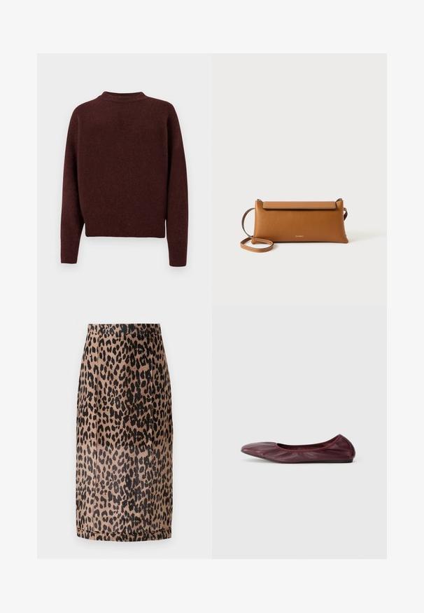 Burgundska pletena majica z visokim ovratnikom, dolgimi rokavi in rebrastim robom. Mehka tekstura z gladkim zaključkom, brez vidnih vzorcev ali okrasnih elementov.; Krtača s leopardjim potiskom v bež in črni barvi. Gladka tkanina, oprijet kroj z dolžino do kolen in skrito pasom. Brez vidnih zapiranj.; Balerinke v temno burgundski usnjeni barvi, z zaobljenim nosom, elastičnim robom in gladko teksturo z diskretnimi gubami.; Rjava usnjena torbica, pravokotne oblike, teksturirana površina, snemljiva zanka, zadrga, diskretno logotip vtisnjen spredaj.