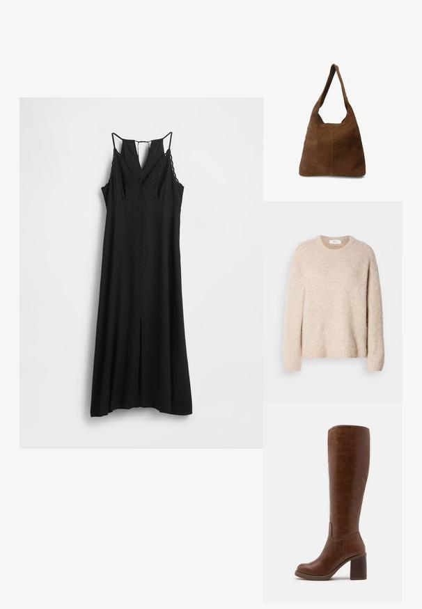 Beige Strickpullover mit Rundhalsausschnitt, langen Ärmeln und geripptem Saum. Weicher, strukturierter Stoff mit lässiger Passform.; Schwarzes ärmelloses Kleid mit V-Ausschnitt, Spitzendetails an den Trägern und einem Schlitz vorne, gefertigt aus leichtem Stoff.; Braune kniehohe Stiefel aus glattem Kunstleder mit runder Spitze, Blockabsatz mit vertikalen Rillen und minimalistischen Design.; Braune Wildleder-Schultertasche mit weicher Textur, breitem Riemen und offenem Oberteil. Verfügt über ein einfaches, unstrukturiertes Design ohne sichtbare Hardware.