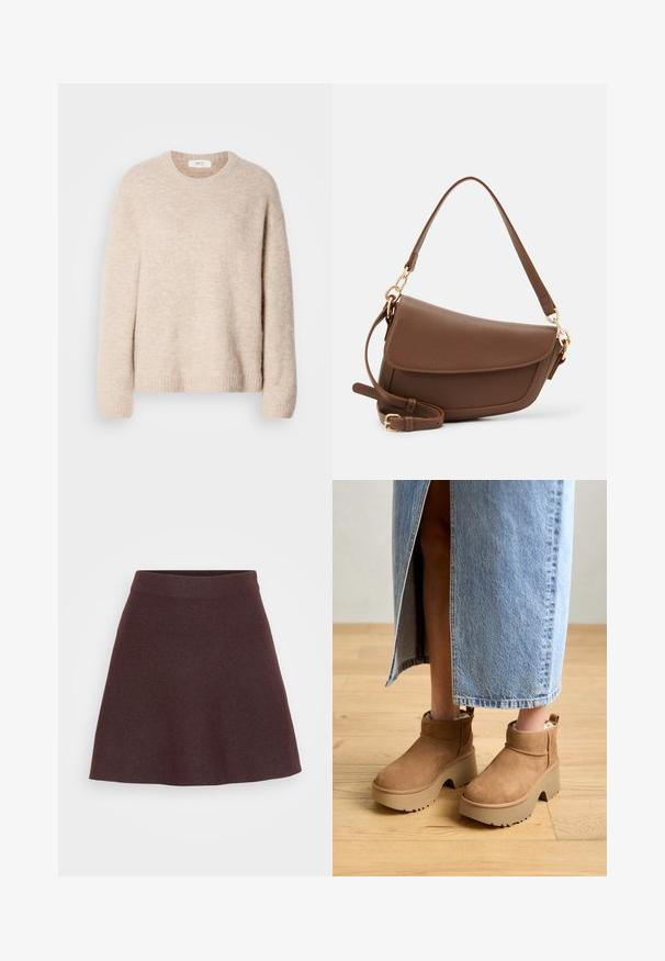 Bežani pleteni pulover s okruglim izrezom, dugim rukavima i rebrastim rubom. Mekani, teksturirani materijal s opuštenim krojem.; Bordo pletena suknja s lepršavim dizajnom, širokim pojasom i glatkom teksturom, koja ima jednobojnu površinu bez uzoraka ili akcenta.; Smeđe antilop čizme do gležnja s debelim bež platformom. Imaju zaobljen vrh, kratki rub i meku podlogu za udobnost.; Smeđa kožna torba za rame s teksturiranim završetkom, zakrivljenim oblikom, zlatnim hardverom, podesivim remenom i zatvaranjem na preklop.