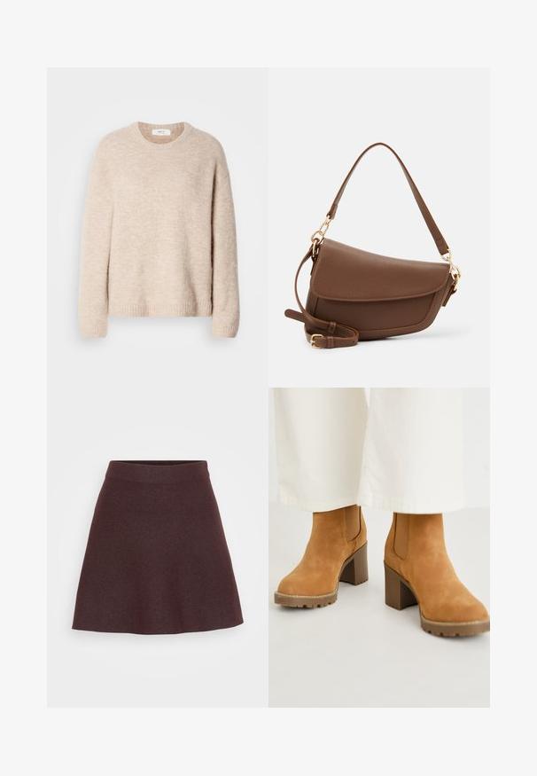 Beige knitted sweater with a crew neckline, long sleeves, and ribbed hem. Soft, textured fabric with a relaxed fit.; Burgundy knit skirt with a flared design, wide waistband, and smooth texture, featuring a solid color without patterns or accents.; Tan suede ankle boots with a chunky block heel, featuring elastic side panels and a rugged sole for traction. Textured upper with stitching details.; Brown leather shoulder bag with a textured finish, curved shape, gold-tone hardware, adjustable strap, and flap closure.