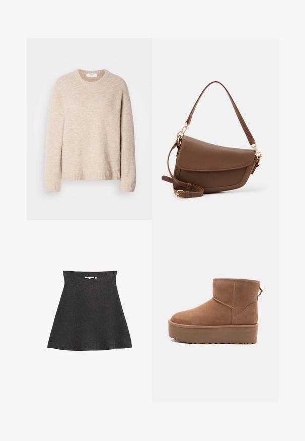 Pull en maille beige avec col rond, manches longues et ourlet côtelé. Tissu doux et texturé avec une coupe décontractée.; Une jupe évasée, de couleur gris foncé, en tissu doux, avec une taille haute et une texture lisse, sans motifs ni matériel visible.; Bottine en suède tan avec une semelle plate-forme, un bout arrondi et des accents de couture ; elle est dotée d'une languette à l'arrière pour un enfilage facile.; Sac à épaule en cuir marron avec une finition texturée, forme courbée, quincaillerie dorée, bandoulière réglable et fermeture à rabat.