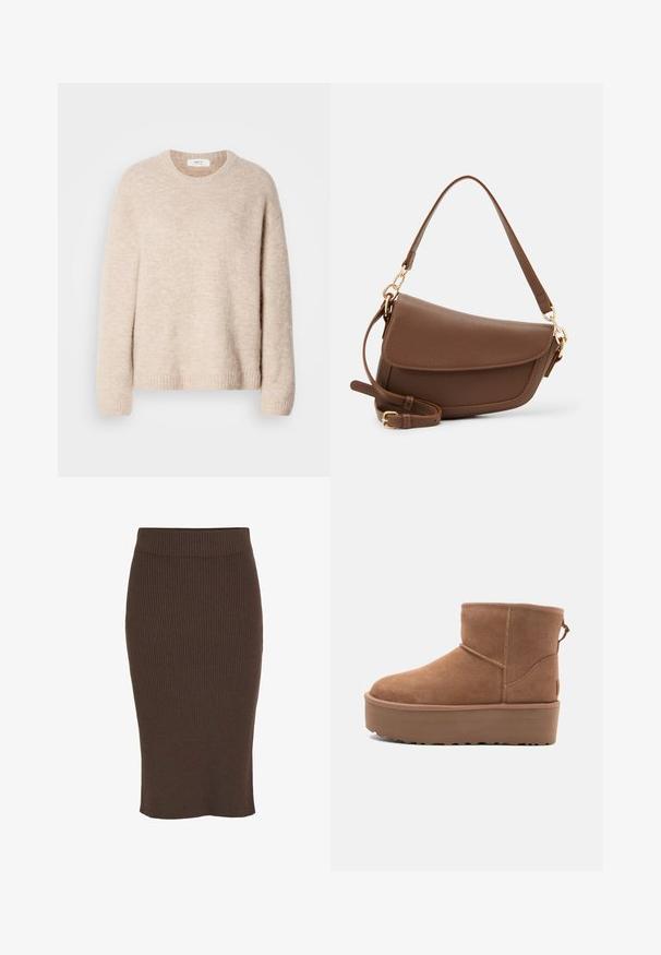 Beige stickad tröja med rund halsringning, långa ärmar och ribbad fåll. Mjuk, strukturerad tyg med avslappnad passform.; VILA VIRIL NOOS - Pennkjol - coffee bean; Tan mockasköna med plattformssula, rund tå och broderade detaljer; har en dragflik baktill för enkel påtagning.; Brun läderaxelväska med texturerad yta, böjd form, detaljer i guldton, justerbar rem och lockstängning.