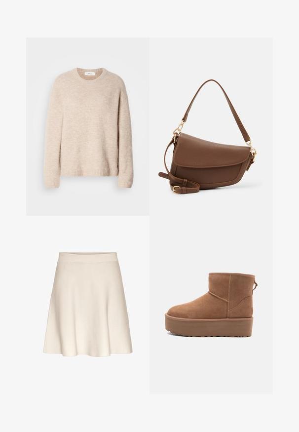 Beige knitted sweater with a crew neckline, long sleeves, and ribbed hem. Soft, textured fabric with a relaxed fit.; A flared, beige skirt made from soft fabric with a smooth texture, featuring a wide waistband and a knee-length hem.; Tan suede ankle boot with a platform sole, rounded toe, and stitching accents; features a pull tab at the back for easy wear.; Brown leather shoulder bag with a textured finish, curved shape, gold-tone hardware, adjustable strap, and flap closure.