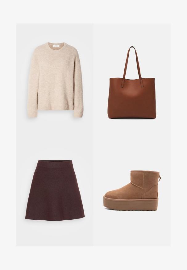 Bež pleteni pulover s okroglim izrezom, dolgimi rokavi in ribastim robom. Mehak, teksturiran material s sproščenim krojem.; Burgundska pletena krila s razširjenim oblikom, širokim pasom in gladko teksturo, ki ima enotno barvo brez vzorcev ali dodatkov.; Bela antilopova gležnjača s platformom, okruglim vrhom i dekorativnim šavovima; ima uvučenu petlju straga za lakše oblačenje.; Rjava usnjena torba z gladko teksturo, odprto zasnovo zgoraj in dvema naramnima trakovoma. Opremljena je z minimalnim šivanjem in brez vidnih kovinskih delov.