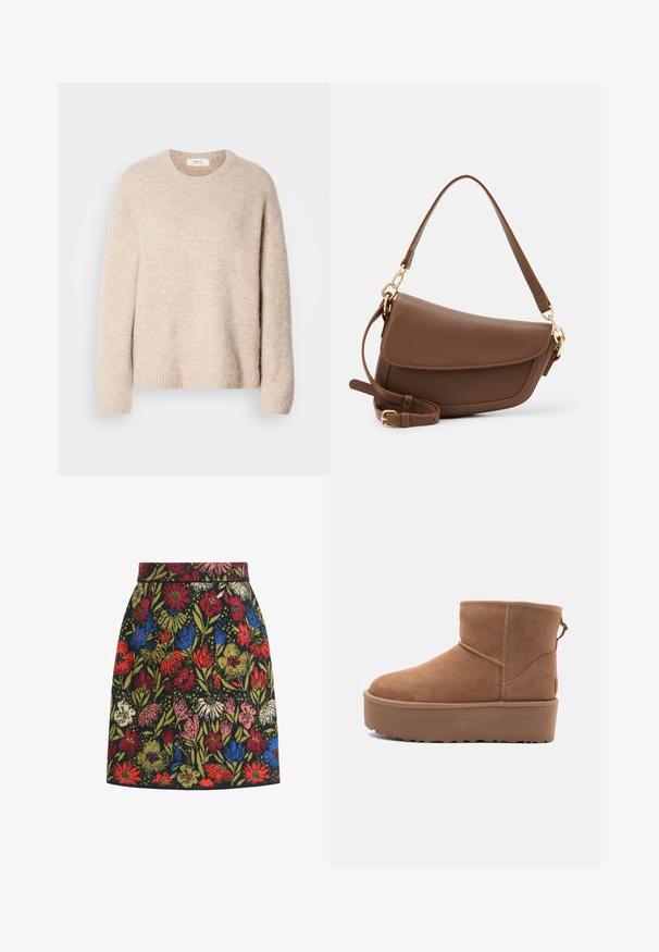 Vaaleanbeige neulepaita, jossa on pyöreä pääntie, pitkät hihat ja ribbireuna. Pehmeä, teksturoitu kangas, rento malli.; Hame floralikuvioisella, mustalla taustalla, jossa on värikkäitä kukkia punaisina, sinisinä, vaaleanpunaisina ja vihreinä, tiukalla vyötäröllä ja A-linjaisena.; Tan suede nilonini kidogo chukua na sahani ya jukwaa, mguu wenye umbo la duara, na mapambo ya kushona; inajumuisha kipande cha kubana nyuma kwa kuvaa kwa urahisi.; Ruskea nahkainen olkalaukku, jossa on teksturoitu pinta, kaareva muoto, kultasävyinen metalliosat, säädettävä hihna ja läppäkiinnitys.