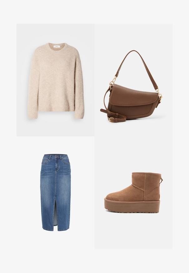 Suéter de punto beige con cuello redondo, mangas largas y dobladillo acanalado. Tejido suave y texturizado con un ajuste relajado.; Falda de mezclilla con una abertura frontal, de longitud media, en un lavado de azul claro a medio. Cuenta con cinco bolsillos y una cinturilla con bucles para cinturón.; Botín de ante en color marrón claro con suela de plataforma, punta redondeada y detalles de costura; cuenta con una lengüeta en la parte trasera para facilitar su uso.; Bolso de hombro de cuero marrón con acabado texturizado, forma curvada, herrajes en tono dorado, correa ajustable y cierre de solapa.