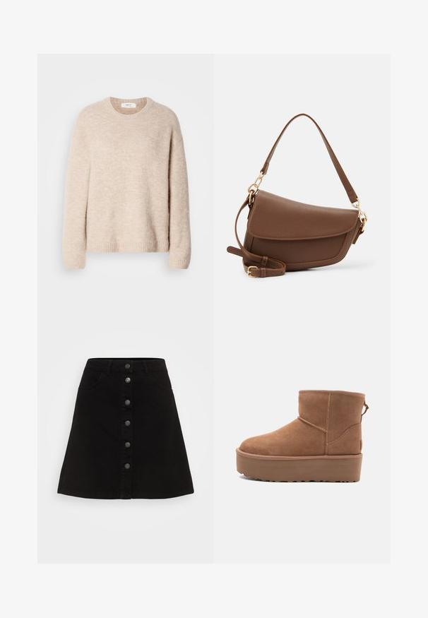 Béžový pletený svetr s kulatým výstřihem, dlouhými rukávy a žebrovaným lemem. Měkká, texturovaná tkanina s volným střihem.; Černá denimová sukně ve tvaru A s knoflíkovým zapínáním, pěti kapsami a stříbrným kováním. Má čistý lem a hladkou texturu.; Hnědé semišové kotníkové boty s platformou, zaoblenou špičkou a prošíváním; mají poutko vzadu pro snadné obouvání.; Hnědá kožená taška přes rameno s texturovaným povrchem, zakřiveným tvarem, zlatými kovovými prvky, nastavitelným popruhem a klopovým zapínáním.