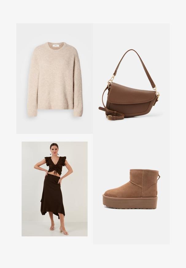 Béžový pletený sveter s okrúhlym výstrihom, dlhými rukávmi a rebrovaným lemom. Mäkká, štruktúrovaná tkanina s uvoľneným strihom.; Hnedá pruhovaná súprava obsahujúca skrátený top s volánovými rukávmi a asymetrickú sukňu s vysokým pásom. Hladká textúra, priliehavý dizajn.; Hnedé semišové členkové čižmy s platformou, okrúhlou špičkou a zdobením stehov; majú slučku zozadu pre jednoduché obúvanie.; Hnedá kožená taška na rameno s textúrovaným povrchom, zakriveným tvarom, zlatými doplnkami, nastaviteľným popruhom a preklápacím uzáverom.