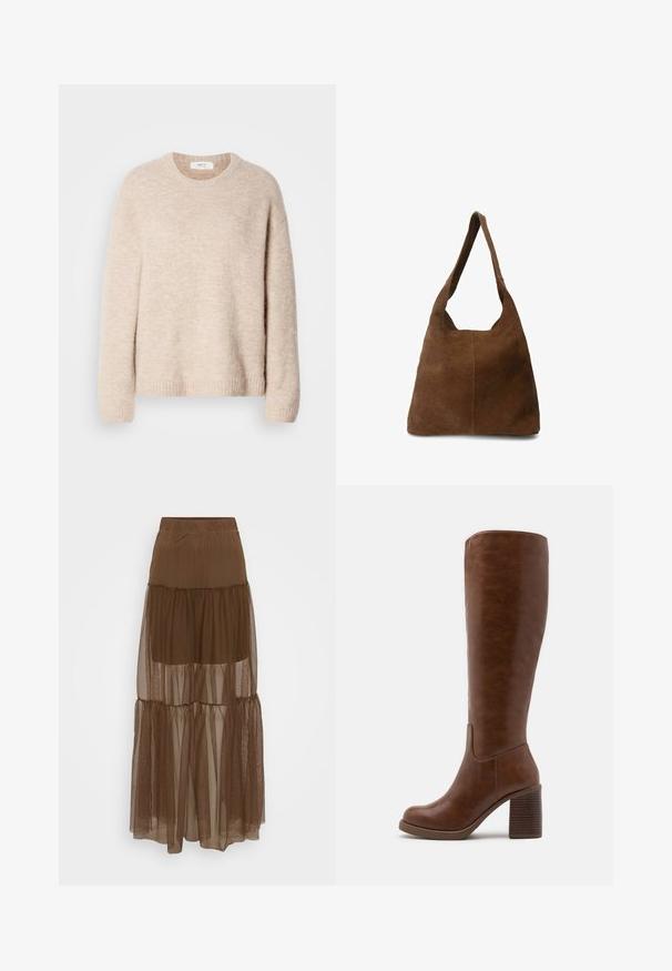 Beige gebreide trui met een ronde halslijn, lange mouwen en geribde zoom. Zacht, textuurstof met een relaxed fit.; Witte korte mouwen t-shirt van katoen. Heeft een ronde halslijn en een ontspannen pasvorm. Glad textuur zonder zichtbare patronen of accenten.; Bruine gelaagde rok met een gestructureerde mesh-overlay en elastische tailleband. Bevat drie lagen doorschijnende stof, wat zorgt voor een vloeiende silhouet.; Bruine kniehoge laarzen van glad faux leer, met een ronde neus, blokhak met verticale groeven en een minimalistisch ontwerp.; Bruin suedine schoudertas met een zachte textuur, brede schouderband en een open bovenkant. Heeft een eenvoudig, ongestructureerd ontwerp zonder zichtbare hardware.