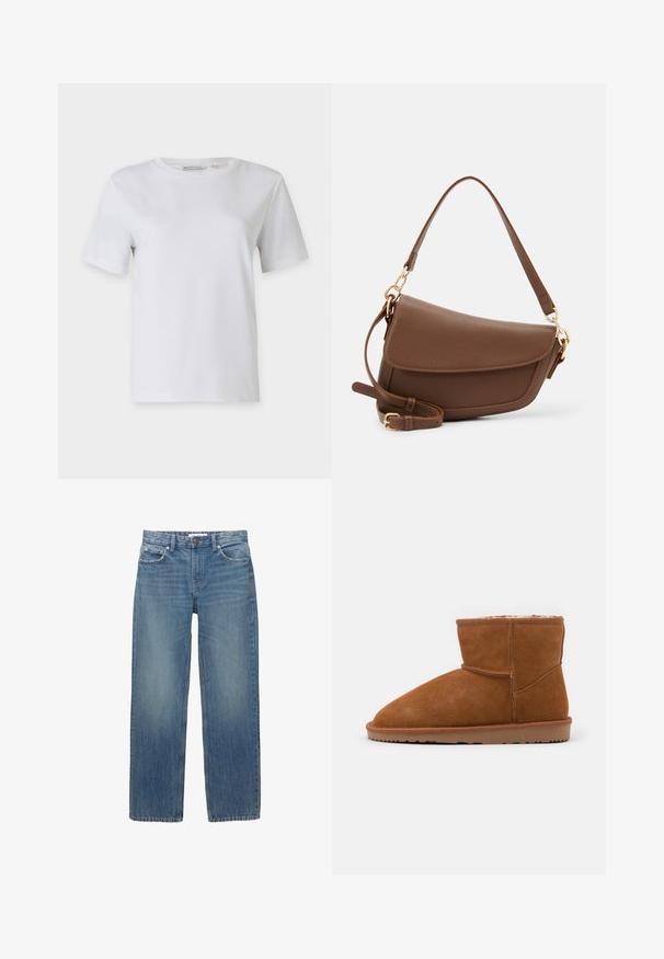 Beżowy sweter dzianinowy z okrągłym dekoltem, długimi rękawami i ściągaczem u dołu. Miękka, teksturowana tkanina o luźnym kroju.; Biała koszulka z krótkim rękawem wykonana z gładkiej bawełny. Ma okrągły dekolt i prosty dół, bez wzorów i zdobień.; Jasnoniebieskie dżinsy z prostym krojem, pięcioma kieszeniami i miedzianymi detalami. Materiał ma delikatne przetarcia i gładką fakturę.; Brązowy zamszowy botek za kostkę z okrągłym noskiem i miękkim wyściółkiem, z płaską gumową podeszwą i minimalnymi detalami szewskimi.; Brązowa skórzana torba na ramię o teksturowanym wykończeniu, zaokrąglonym kształcie, złotych akcentach, regulowanym pasku i zapięciu na klapę.