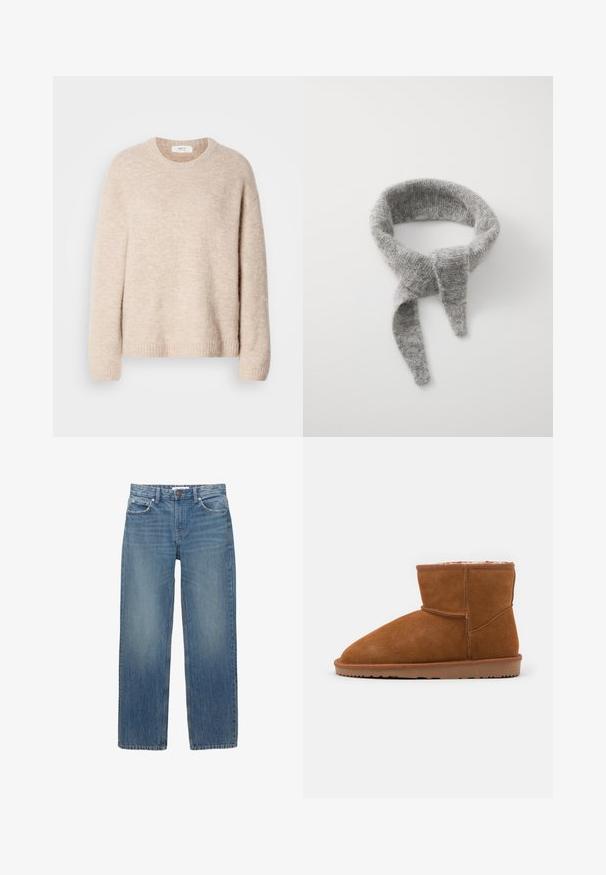 Beige strikket sweater med rund hals, lange ærmer og ribkant. Blødt, tekstureret stof med en afslappet pasform.; Lysblå denimjeans med lige snit, fem lommer og hardware i kobberfarve. Stoffet har en let falmning og en glat tekstur.; Brune ruskind ankelstøvle med en afrundet tå og blød foring, der har en flad gummisål og minimale syninger.; Samsøe Samsøe NOR - Sjal / Tørklæder - grey melange; Brun faux læder tote taske med to lange håndtag og en matchende lille pung. Overfladen har et struktureret mønster og guldfarvede hardware detaljer.