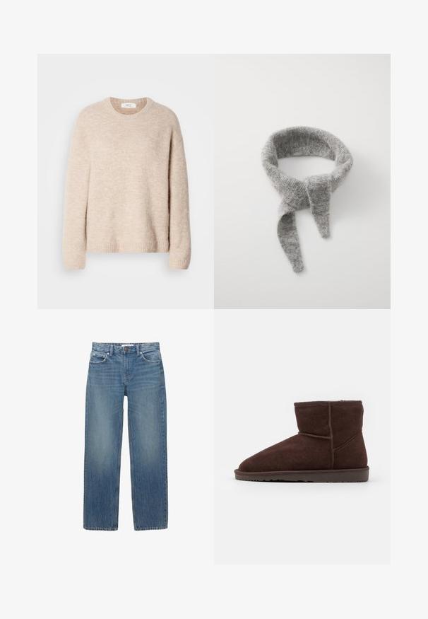 Beige strikket sweater med rund hals, lange ærmer og ribkant. Blødt, tekstureret stof med en afslappet pasform.; Lysblå denimjeans med lige snit, fem lommer og hardware i kobberfarve. Stoffet har en let falmning og en glat tekstur.; Brune ruskindsankelstøvler med en afrundet tå og blødt indre for, der har en flad gummisål og tonale stikninger.; Samsøe Samsøe DIAMOND SCARF - Sjal / Tørklæder - grey melange; Brun lædertaske med to robuste håndtag, rektangulær form, glat tekstur og lynlås lukning. Minimalistisk design uden synlige mønstre.