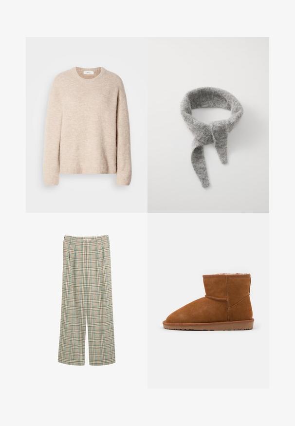 Beżowy sweter dzianinowy z okrągłym dekoltem, długimi rękawami i ściągaczem u dołu. Miękka, teksturowana tkanina o luźnym kroju.; Spodnie o szerokich nogawkach w beżowym wzorze w kratkę z zielonymi i granatowymi akcentami, z plisami z przodu i teksturowanym wykończeniem.; Brązowy zamszowy botek za kostkę z okrągłym noskiem i miękkim wyściółkiem, z płaską gumową podeszwą i minimalnymi detalami szewskimi.; Samsøe Samsøe NOR jasnoszary