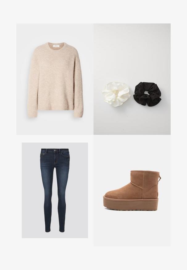 Bežani pleteni pulover s okruglim izrezom, dugim rukavima i rebrastim rubom. Mekani, teksturirani materijal s opuštenim krojem.; Uske tanke traperice napravljene od tamnoplavog denima, s narančastim šavovima, zatvaranjem na gumb i prednjim džepovima. Glatka tekstura s prilagođenim oblikom.; Svijetlosmeđi antilop čizmice do članka s platformom, okruglim vrhom i ukrasnim šavovima; ima petnu traku za lakše obuvanje.; Dva satenska gumica za kosu, jedna bijela i jedna crna, s nabranim dizajnom i glatkom teksturom, prikazane na jednostavnoj bijeloj pozadini.