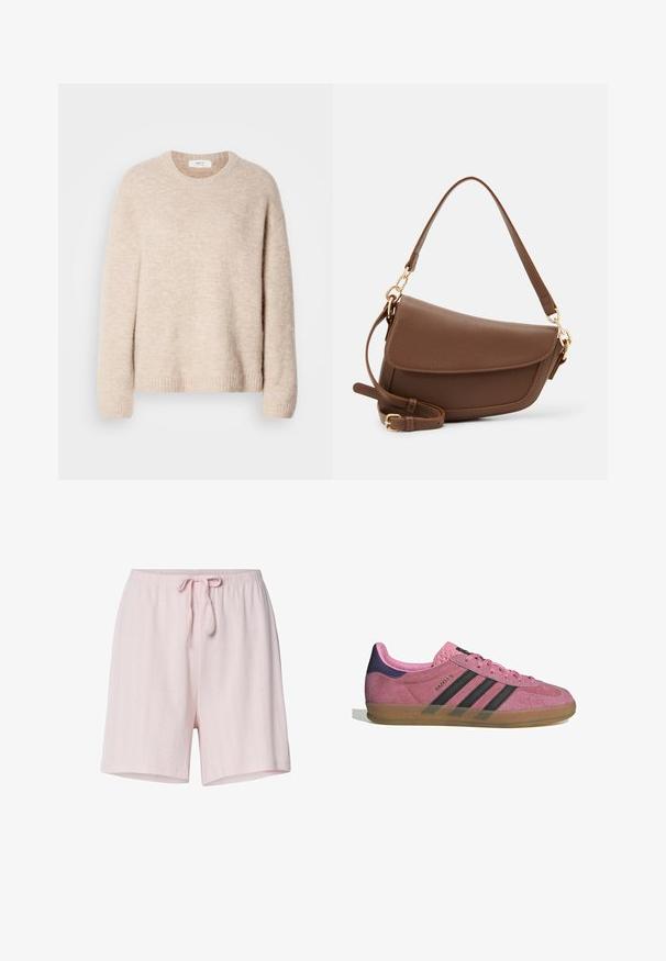 Pull en maille beige avec col rond, manches longues et ourlet côtelé. Tissu doux et texturé avec une coupe décontractée.; Shorts en coton rose clair avec un motif texturé, taille élastique et cordon de serrage ajustable. Longueur mi-cuisse.; Baskets en suède rose avec des rayures noires, semelle en gomme et talon en velours violet texturé. Présente un design à lacets et un logo embossé sur le côté.; Sac à épaule en cuir marron avec une finition texturée, forme courbée, quincaillerie dorée, bandoulière réglable et fermeture à rabat.