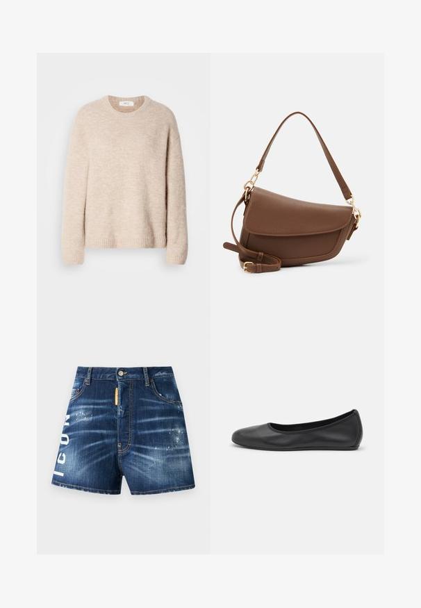 Beige gebreide trui met een ronde halslijn, lange mouwen en geribde zoom. Zacht, textuurstof met een relaxed fit.; Donkerblauwe denim shorts met een versleten afwerking, voorzien van witte tekst "ICON" op het linkergedeelte van het been en een oranje stoffen label nabij de taille.; Zwarte leren ballerina met een ronde neus, gladde textuur, minimale stikdetails en een flexibele zoolontwerp.; Bruine leren schoudertas met een gestructureerde afwerking, gebogen vorm, hardware in goudkleur, verstelbare schouderband en klepafsluiting.