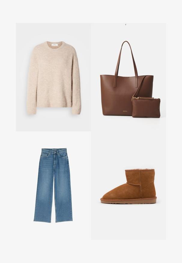 Beige kötött pulóver kerek nyakkivágással, hosszú ujjakkal és bordázott szegéllyel. Puha, textúrált anyagból készült, laza fazon.; Világoskék, bő szabású, magas derekú farmernadrág, öt zsebbel és látható varrással; az anyag enyhén texturált felületű.; Barna velúr bokacsizma lekerekített orral és puha béléssel, lapos gumitalppal és minimális varrási részletekkel.; Barna műbőr válltáska két hosszú fogantyúval és egy matching kis tárolóval. A felülete textúrás mintázatú, arany színű fém díszítésekkel.