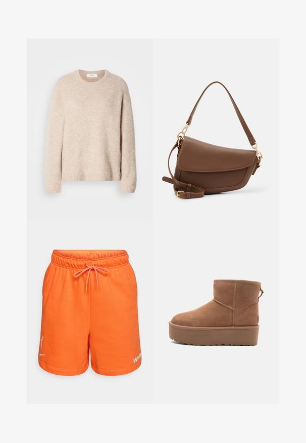 Beige gebreide trui met een ronde halslijn, lange mouwen en geribde zoom. Zacht, textuurstof met een relaxed fit.; Oranje katoenen shorts met een elastische tailleband en trekkoord. Heeft een logo op het linkerbeen in het wit. Soepele textuur en een casual ontwerp.; Tan suède enkellaars met een platformzool, ronde neus en stiksels; heeft een trekband aan de achterkant voor gemakkelijke instap.; Bruine leren schoudertas met een gestructureerde afwerking, gebogen vorm, hardware in goudkleur, verstelbare schouderband en klepafsluiting.