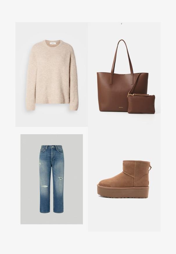 Bēša adīta džemperis ar apaļu kakla izgriezumu, garām piedurknēm un ribotām malām. Mīksta, struktūrēta auduma, atbrīvota piegriezuma.; Zilas džinsu bikses ar brīvu piegriezumu, ar nodilušām plāksteriem un taisnu kāju griezumu. Klasisks piecu kabatu dizains ar pogu aizdari.; Bēša zamšadeguna potīte ar platformas zoli, apaļu purngalu un šuvju akcentiem; aizmugurē ir vilkšanas cilpa, kas nodrošina ērtu uzvilkšanu.; Brūns mākslīgās ādas somiņa ar divām garām rokturiem un atbilstošu mazu maciņu. Virsma ir ar strukturētu rakstu un zelta aksesuāriem.