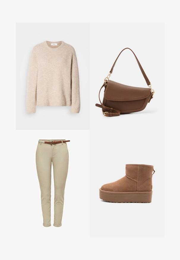Béžový pletený sveter s okrúhlym výstrihom, dlhými rukávmi a rebrovaným lemom. Mäkká, štruktúrovaná tkanina s uvoľneným strihom.; Béžové úzke nohavice z bavlny s hladkou textúrou, doplnené hnedým koženým pásom a zvinutými manžetami pre väčší detail.; Hnedé semišové členkové čižmy s platformou, okrúhlou špičkou a zdobením stehov; majú slučku zozadu pre jednoduché obúvanie.; Hnedá kožená taška na rameno s textúrovaným povrchom, zakriveným tvarom, zlatými doplnkami, nastaviteľným popruhom a preklápacím uzáverom.