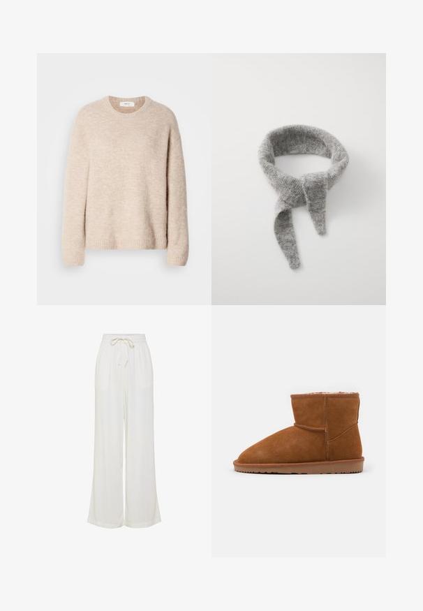 Beež põimitud sviiter, ümmarguse kaelustega, pikkade varrukatega ja soonikuga äärega. Pehme, tekstureeritud kangas, millel on lõdva lõikega disain.; Valged laiad püksid, mis on valmistatud kerge kangast, millel on elastne vöökoht ja nöör, ning kaks küljetaskut.; Pruun suede sääreking, millel on ümar varvas ja pehme vooder, millel on lame kummist tall ja minimaalsed õmblusdetailid.; Samsøe Samsøe NOR - Sall - grey melange; Pruun kunstnahast kott kahe pika käepidemega ja sobiva väikese kotti. Pinna peal on tekstuuriga muster ja kuldsed metallist detailid.